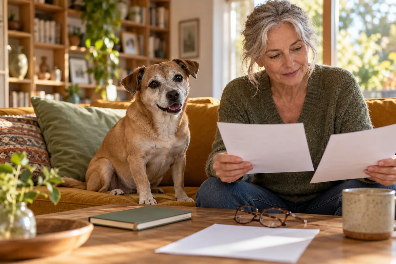 Owner comparing documents beside a tan dog at home